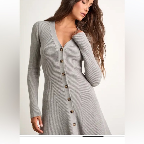 Lulu's Gray Ribbed Button-Front Sweater Dress - Picture 5 of 8